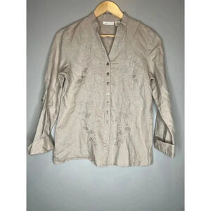 Tweed button down pullover top embroidered button down 100% linen size Medium